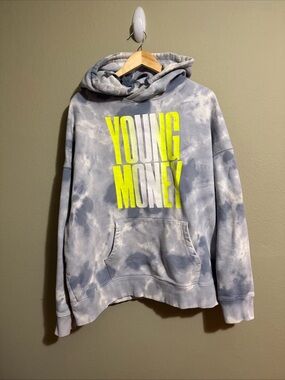 American Eagle Tie-Dye 'YOUNG MONEY' Graphic Hoodie in Neon Yellow & Gray XL